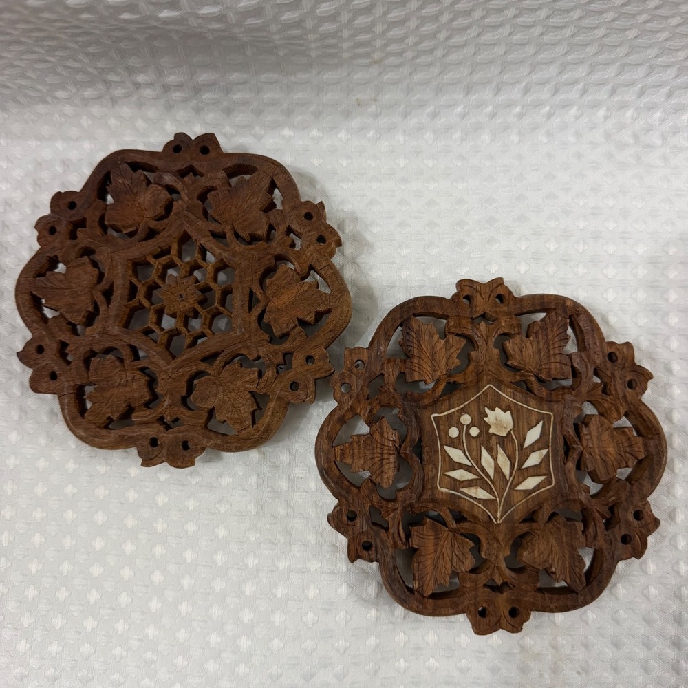 Vintage Hand Carved Wood Trivet Set 2 Bone Inlay Floral Geometric Leaf Brown